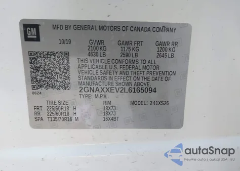 2020 Chevrolet Equinox Awd Premier 1.5L Turbo z USA, uszkodzony, nr VIN 2GNAXXEV2L6165094